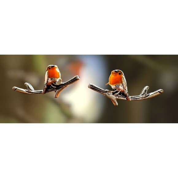 Robin Bird Earrings Ear Climbers New Orange Silver Tree Branch Loved One… - Picture 3 of 12